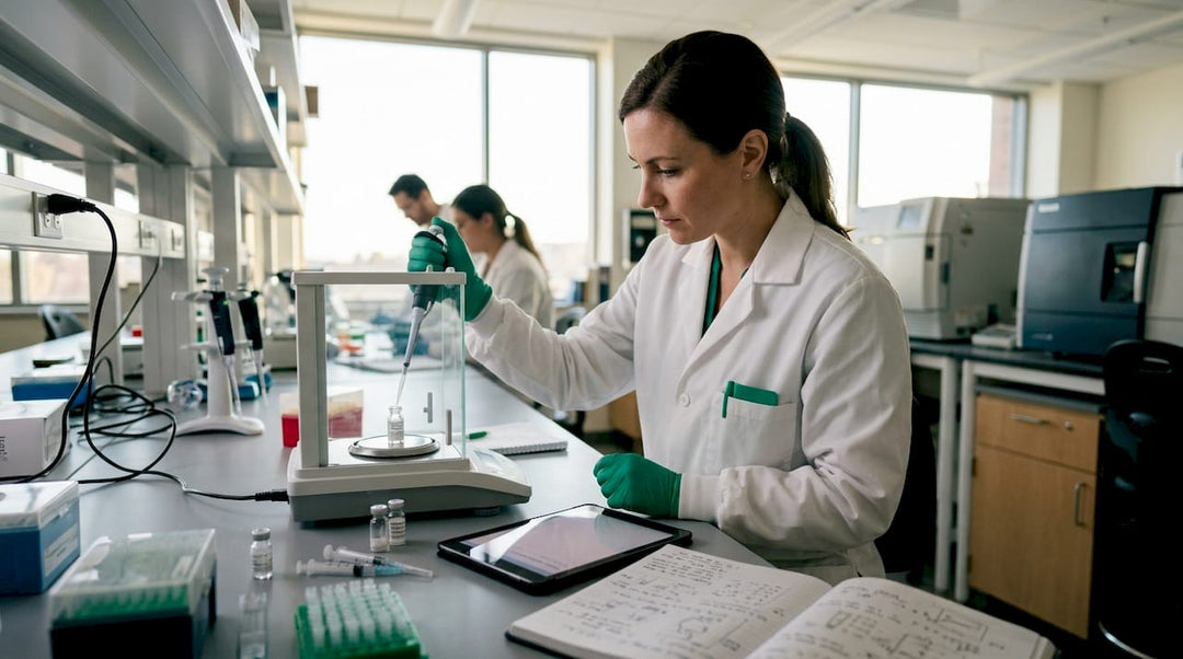 Scientist measuring peptide powder in lab setting