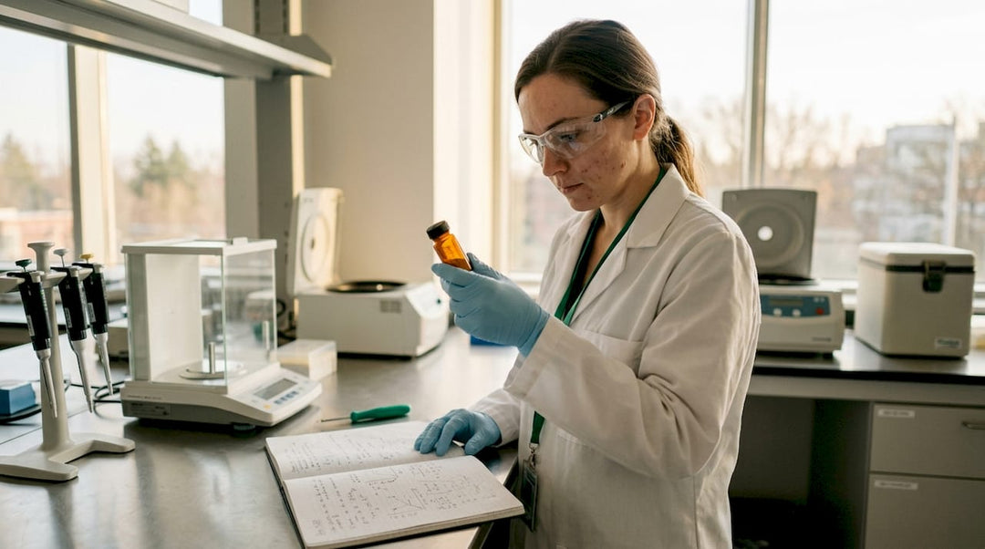 Scientist handling peptide vial in research lab