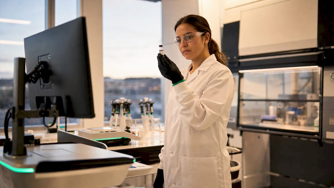 Scientist inspecting peptide sample in GMP lab