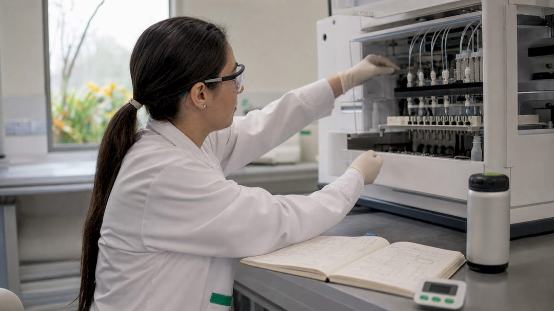 Technician operating peptide synthesizer in cleanroom