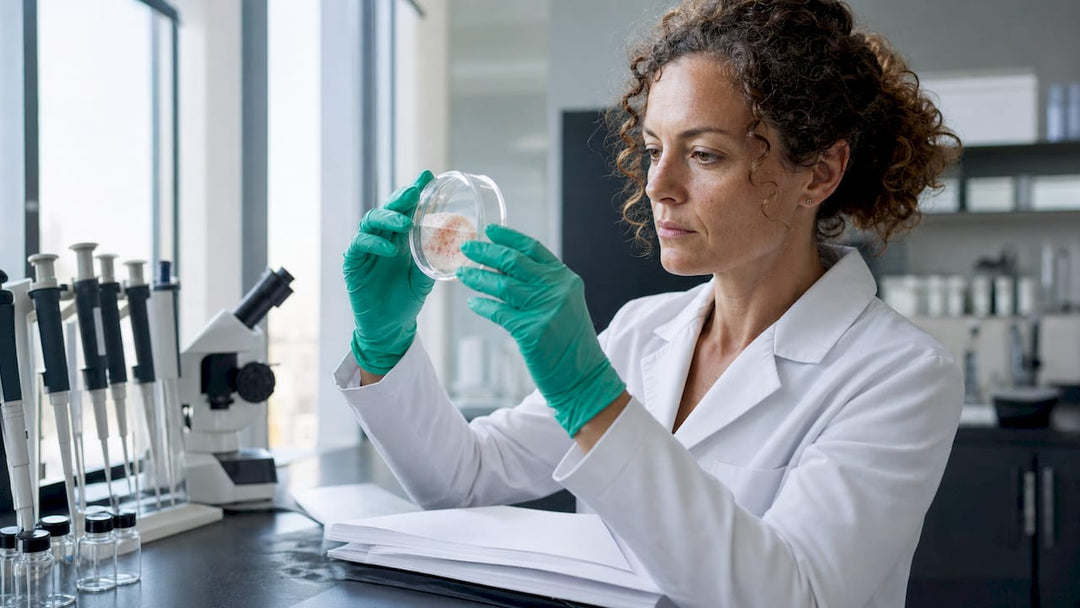 Scientist examining skin sample with peptides in lab