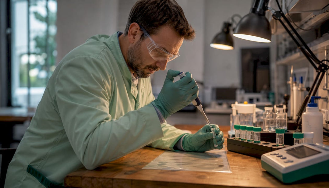 Lab technician pipetting acetic acid for peptide preparation