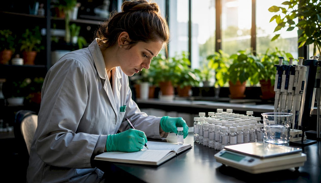 Scientist reviewing peptide samples in lab