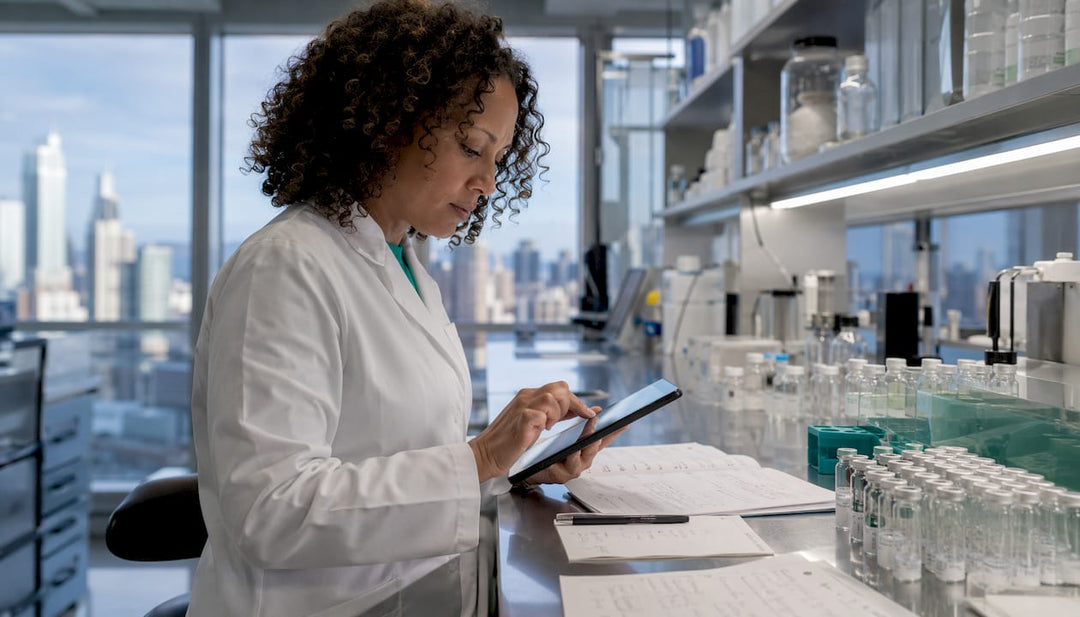 Scientist using peptide price tool on tablet