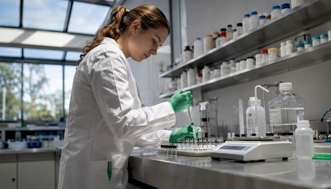 Chemist handling peptide synthesis reagents in lab