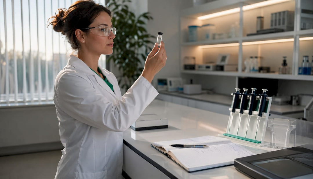 Researcher holding peptide vial in laboratory