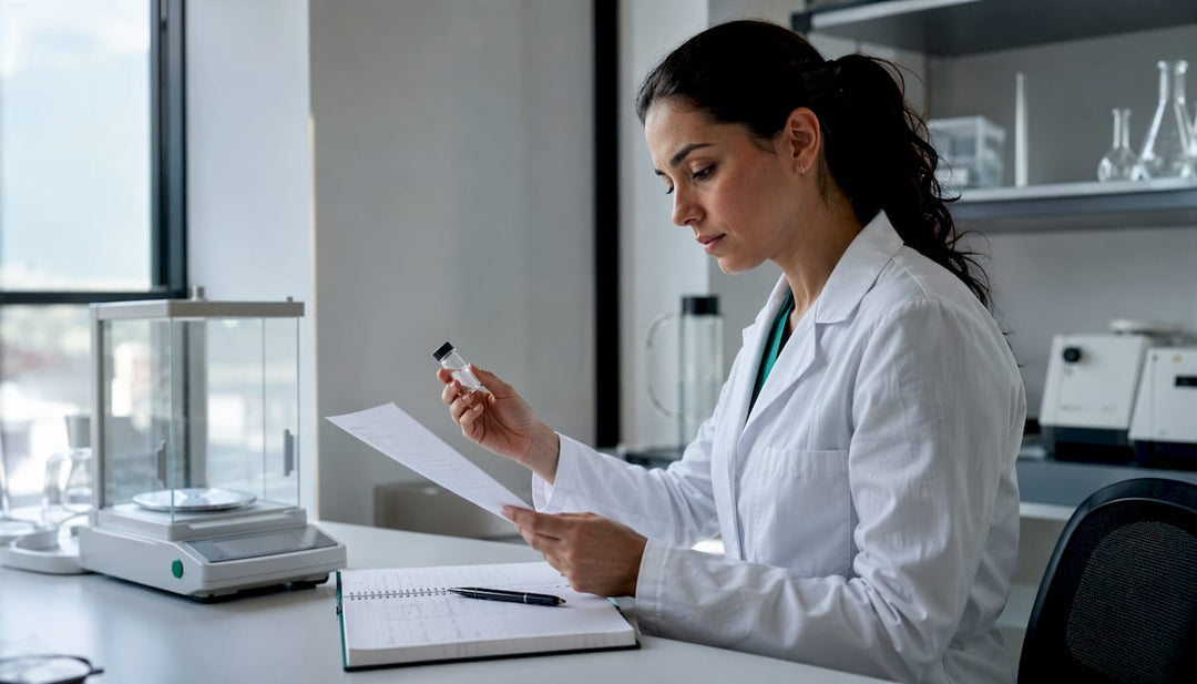 Scientist examining peptide vial with certificate
