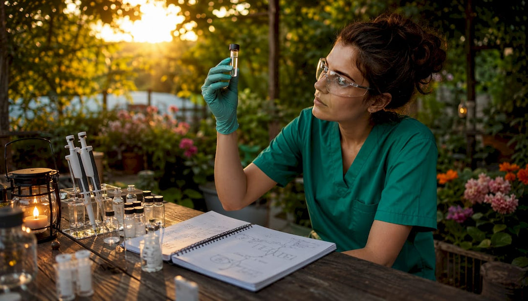 Scientist examining peptide vial in lab