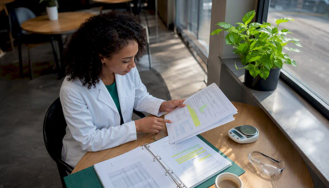 Researcher reviewing peptide batch COAs in lab