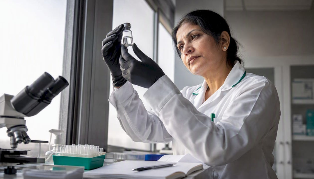 Scientist inspecting bacteriostatic water vial in lab