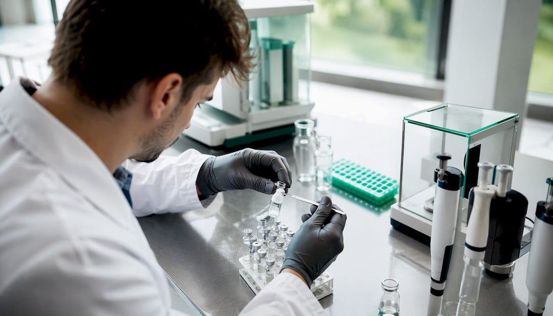 Scientist preparing peptide vial in lab