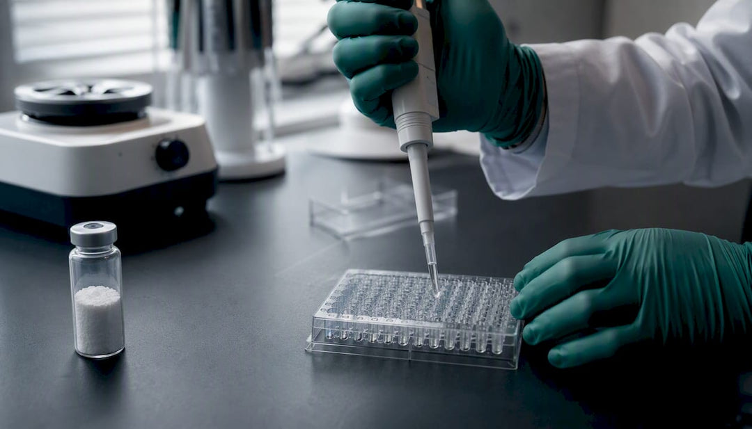 Scientist pipetting peptide solution in lab