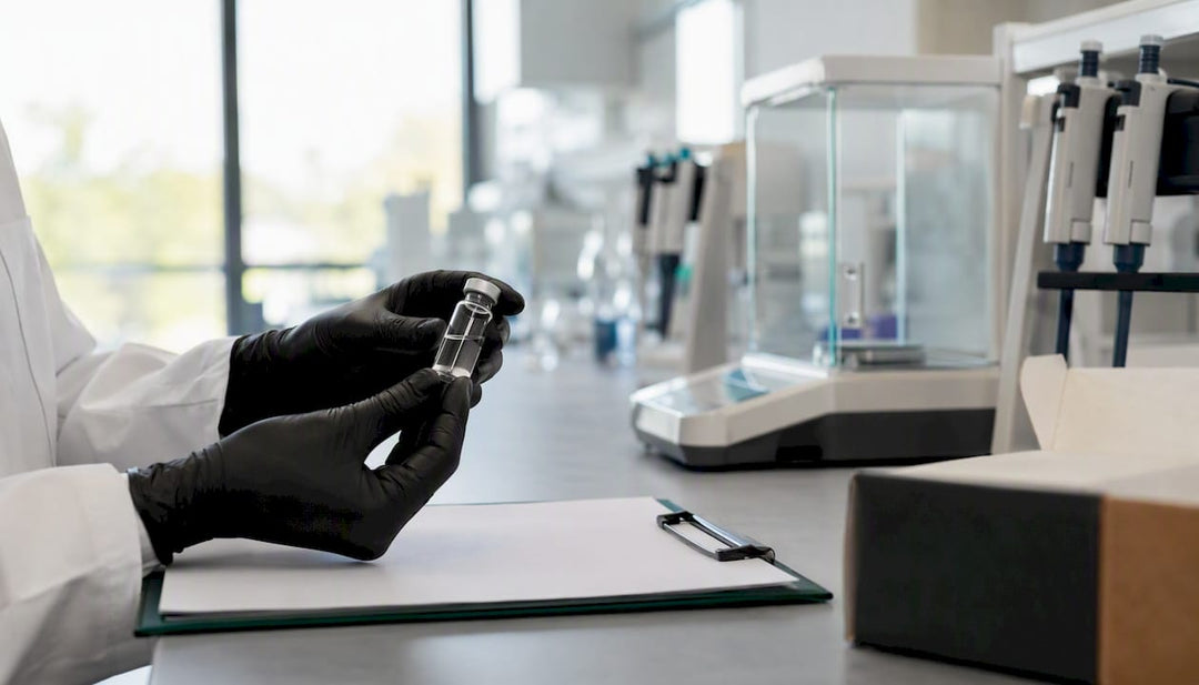 Scientist handling peptide vial on lab bench