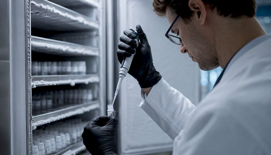 Hands aliquoting peptide solution in cold storage
