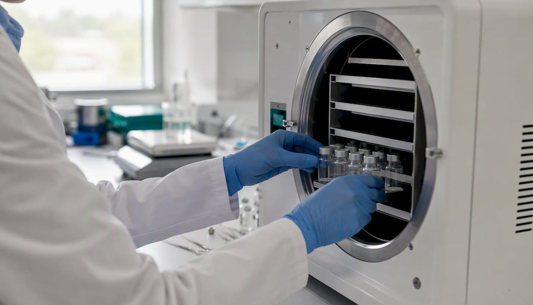 Scientist loading peptide vials into freeze-dryer