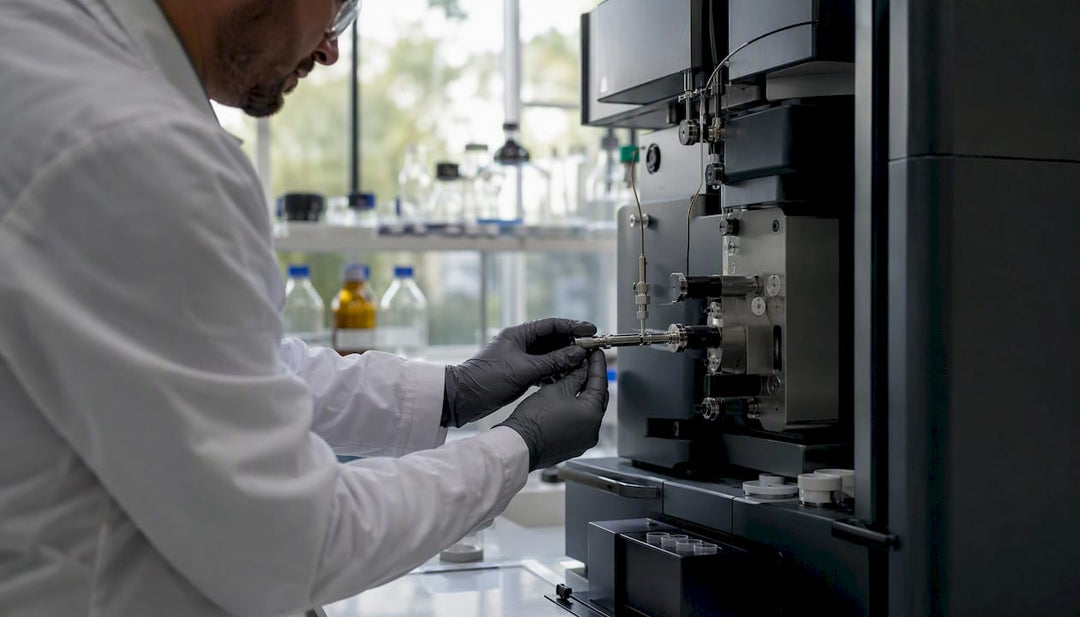 Scientist installing HPLC column in laboratory