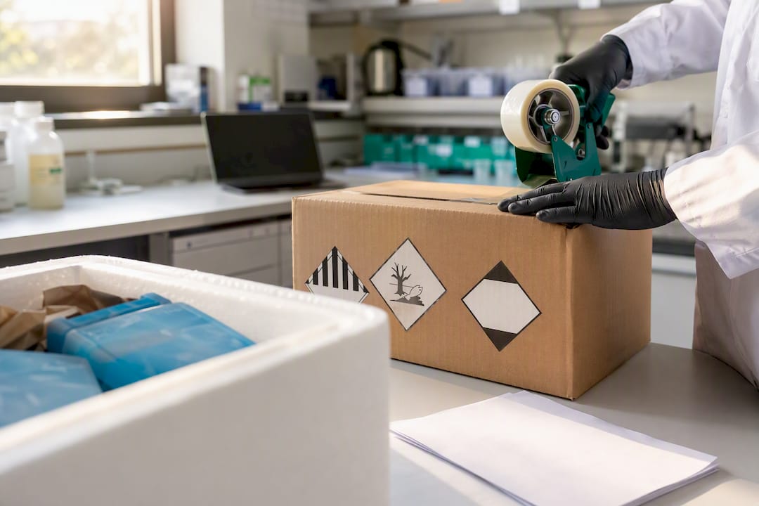 Lab technician sealing compliant chemical shipment box