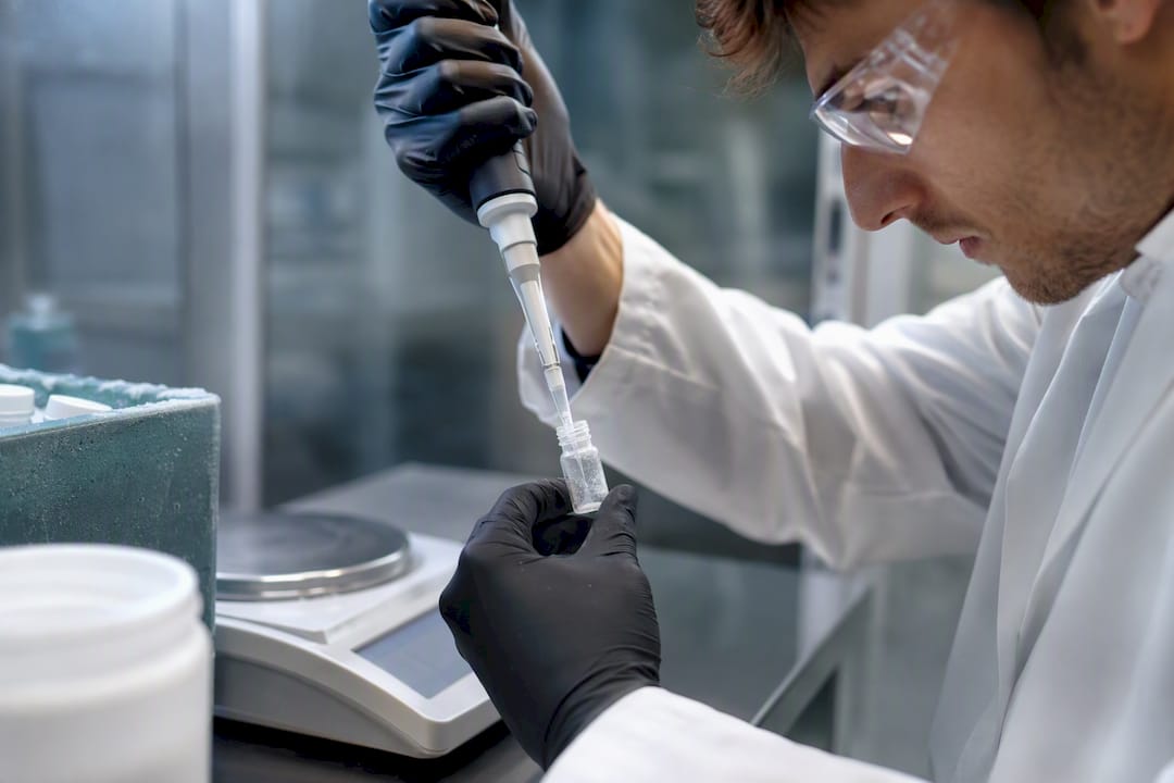 Scientist aliquoting lyophilized peptide sample