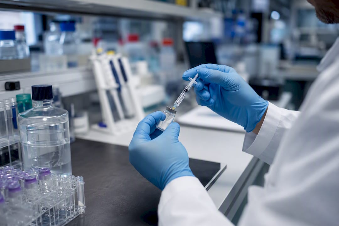 Scientist reconstituting BPC-157 vial