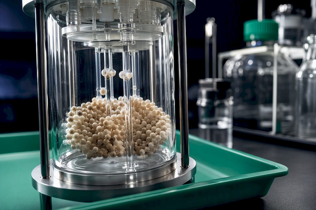 Resin-bound peptide beads in SPPS vessel