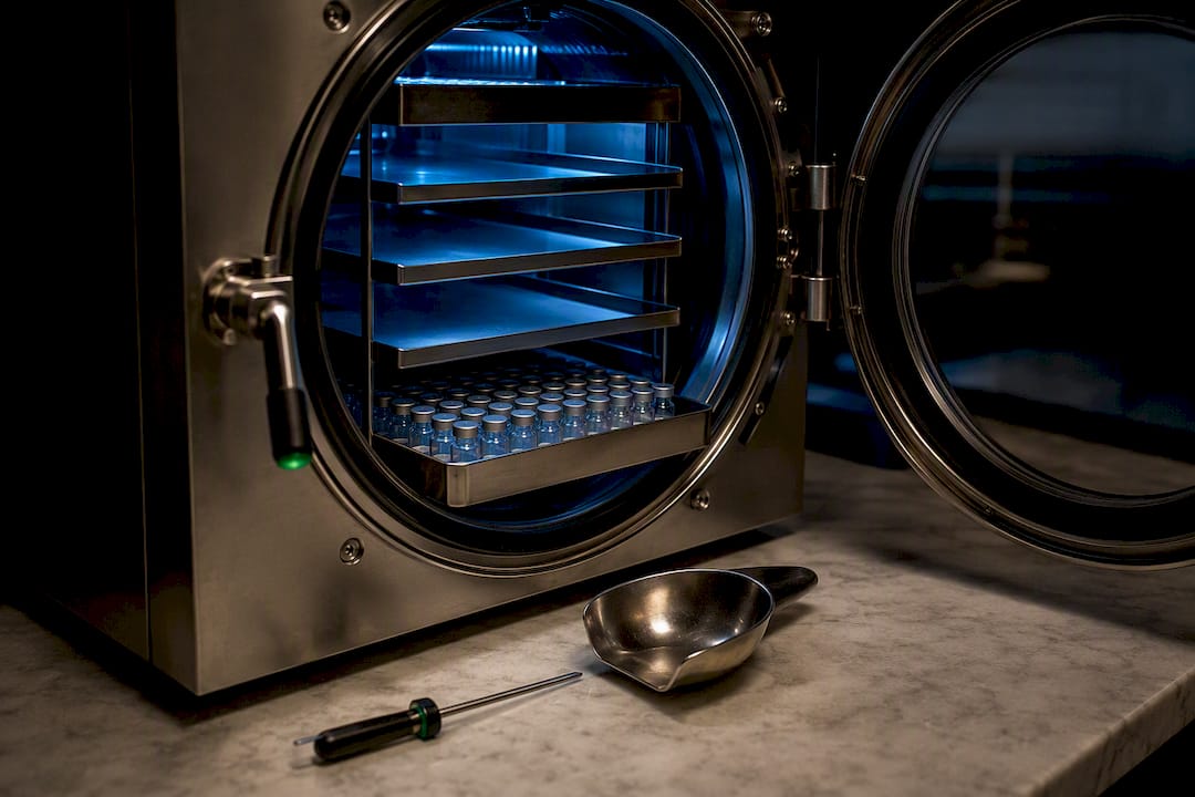 Open freeze dryer with peptide formulation vials