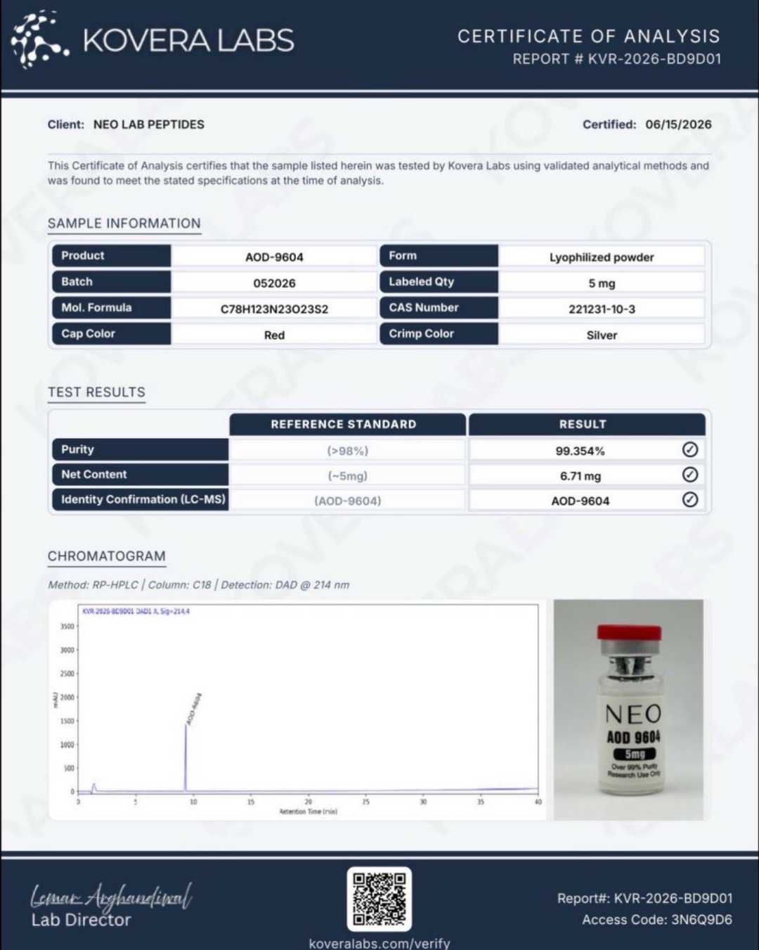 Certificate of Analysis - AOD-9604 - Batch 052026 - Kovera Labs