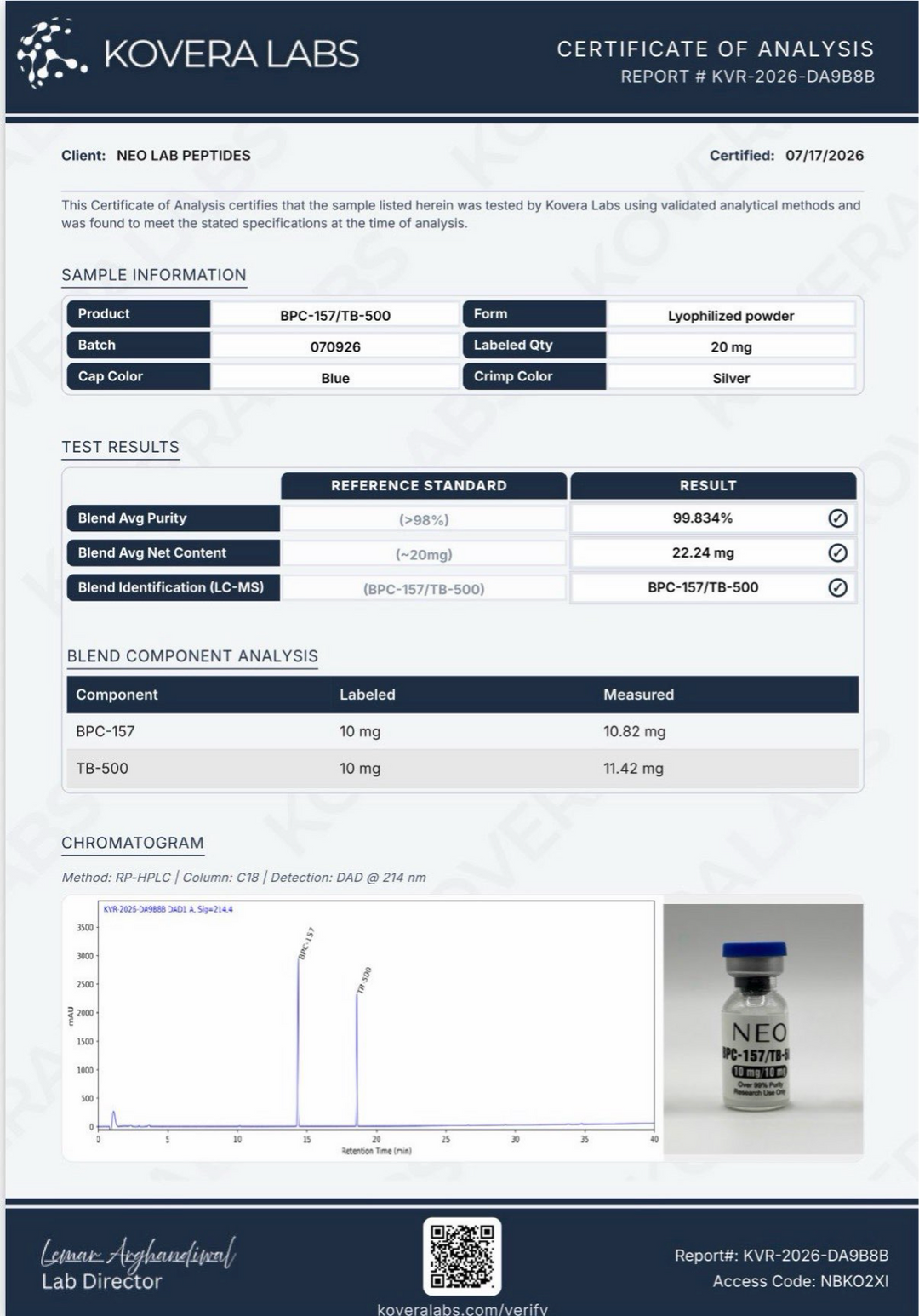 Certificate of Analysis - BPC-157/TB-500 Blend - Batch 070926 - Kovera Labs