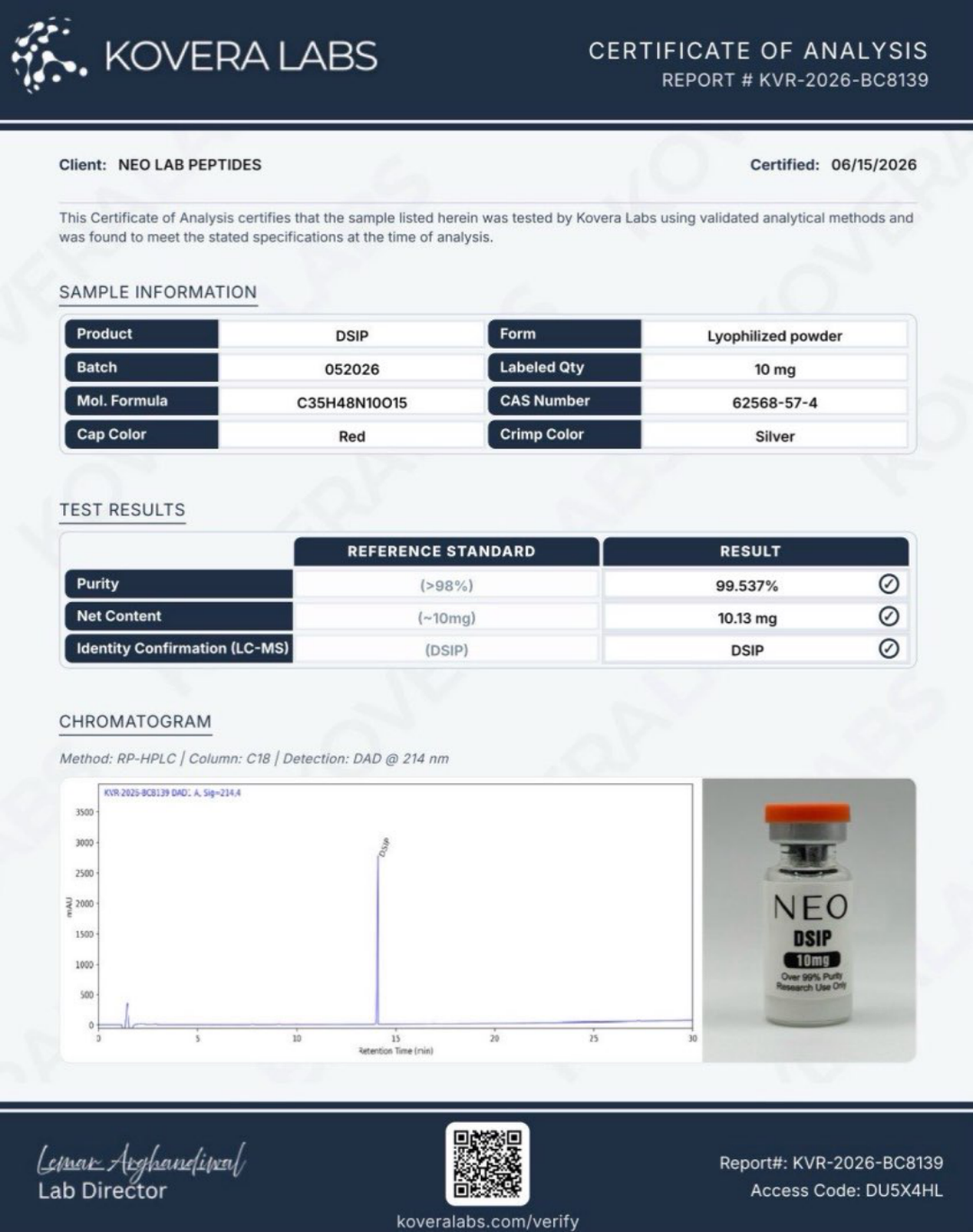 Certificate of Analysis - DSIP - Batch 052026 - Kovera Labs