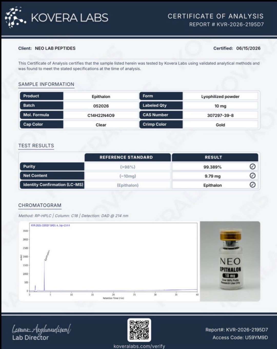 Certificate of Analysis - Epithalon - Batch 052026 - Kovera Labs