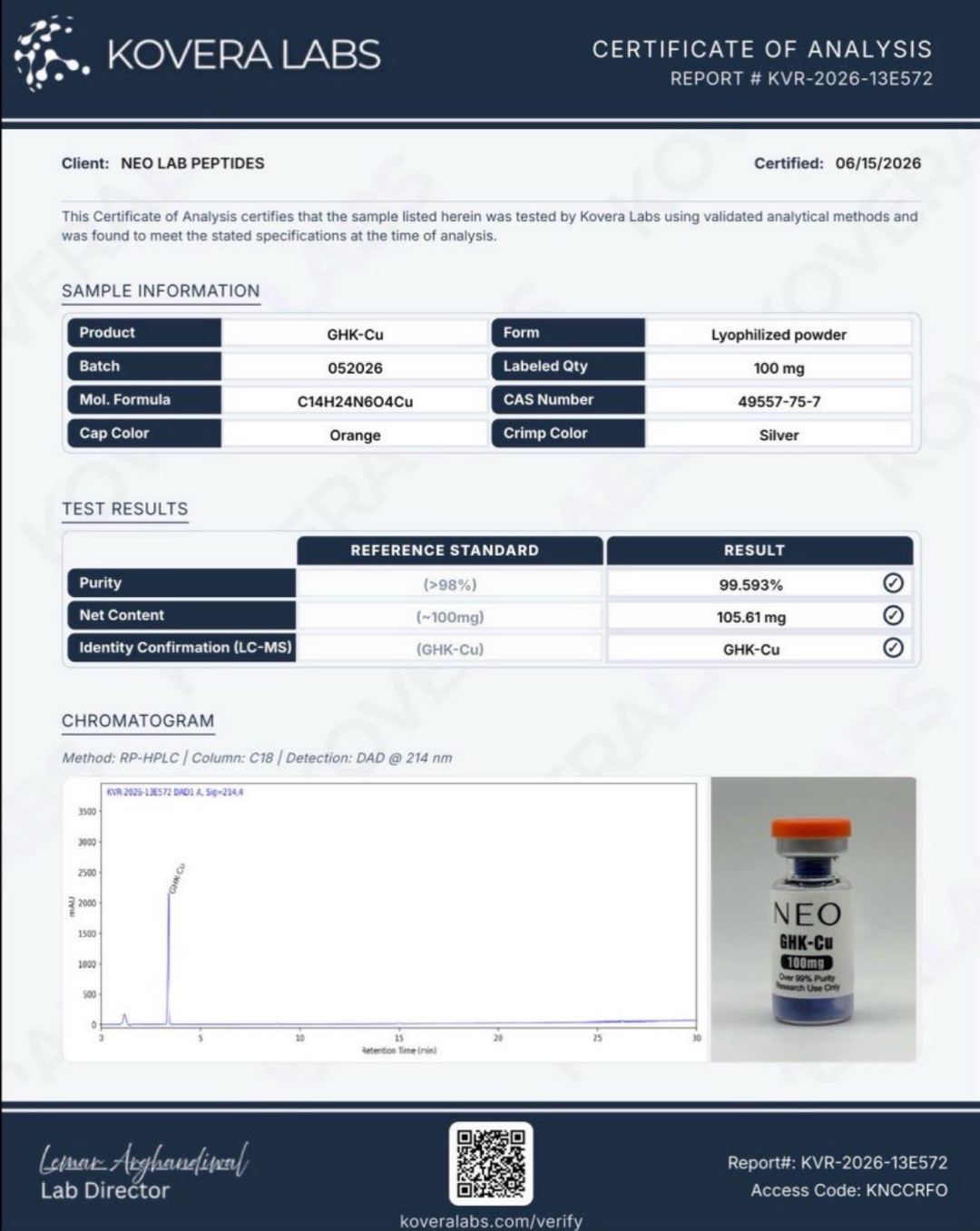 Certificate of Analysis - GHK-Cu - Batch 052026 - Kovera Labs