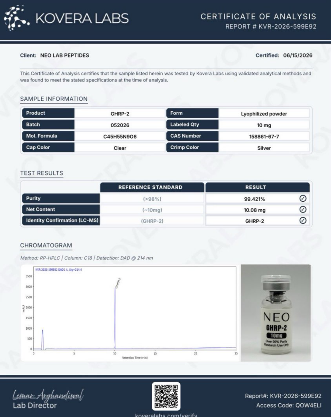 Certificate of Analysis - GHRP-2 - Batch 052026 - Kovera Labs