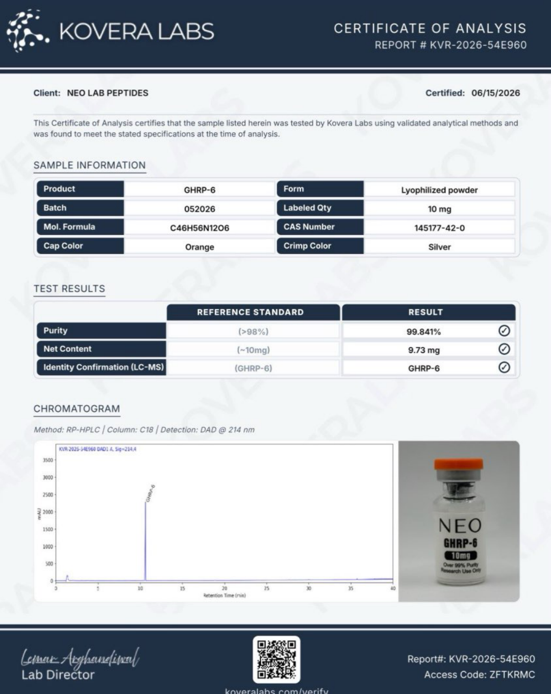 Certificate of Analysis - GHRP-6 - Batch 052026 - Kovera Labs