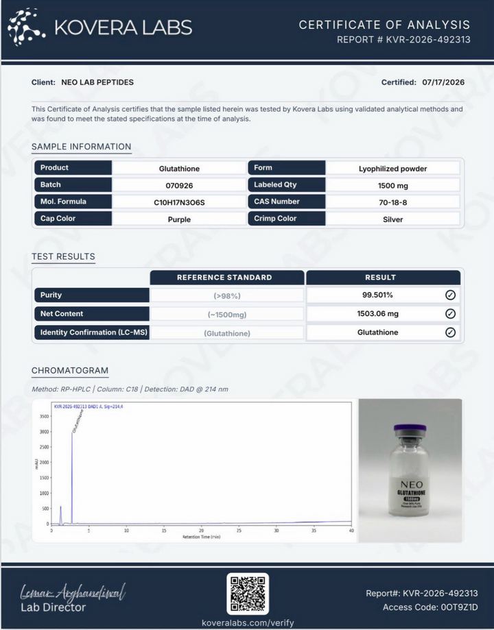 Certificate of Analysis - Glutathione - Batch 070926 - Kovera Labs