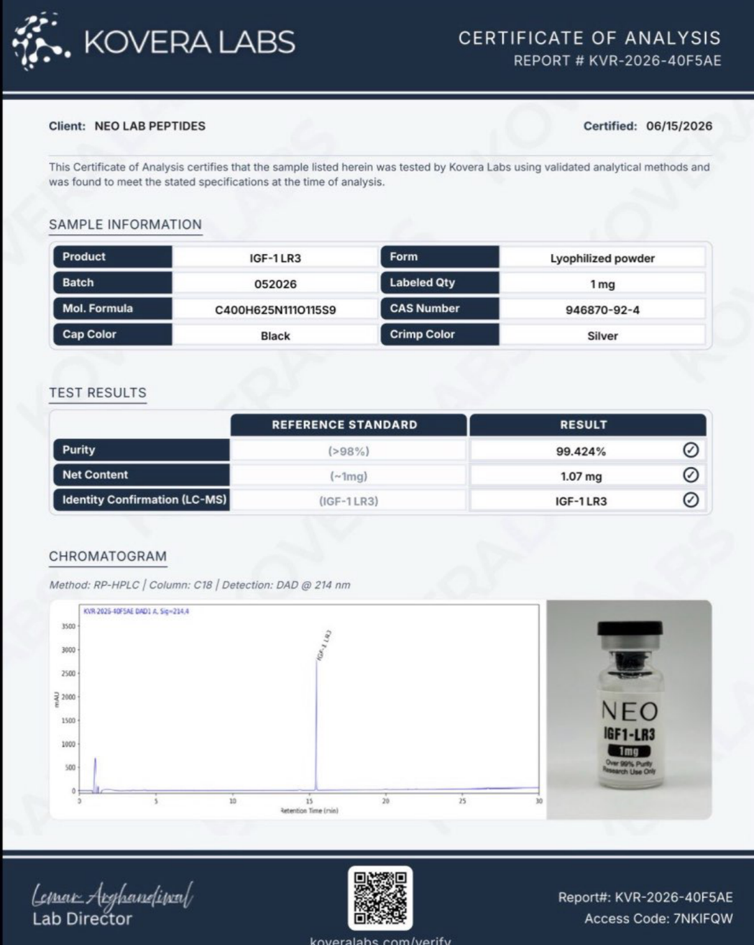 Certificate of Analysis - IGF-1 LR3 - Batch 052026 - Kovera Labs
