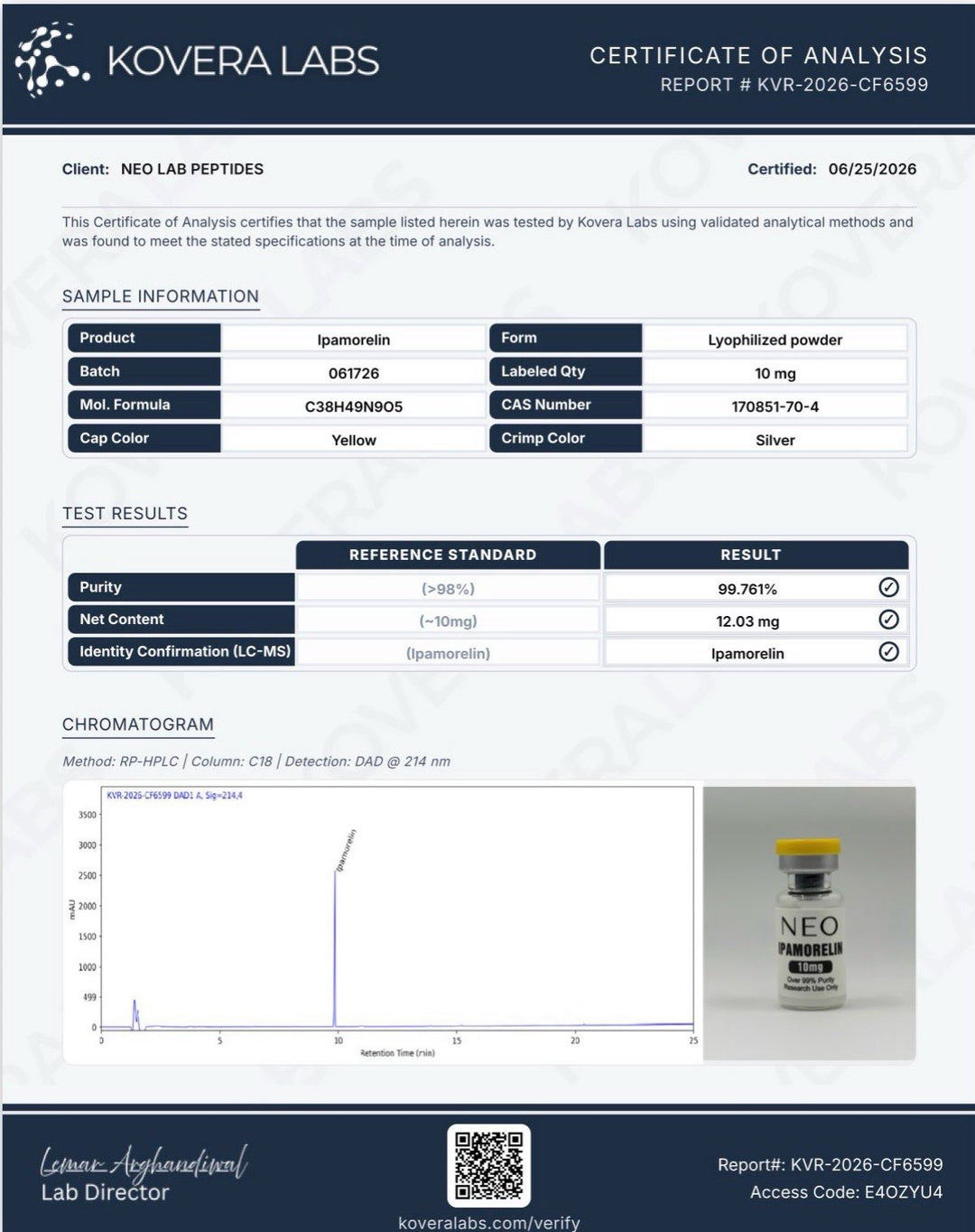 Certificate of Analysis - Ipamorelin - Batch 061726 - Kovera Labs