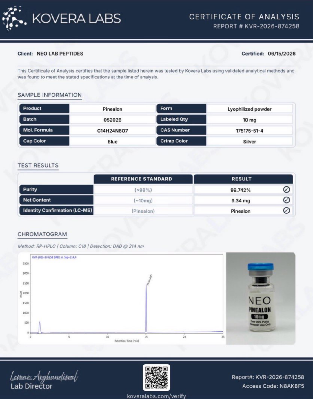 Certificate of Analysis - Pinealon - Batch 052026 - Kovera Labs