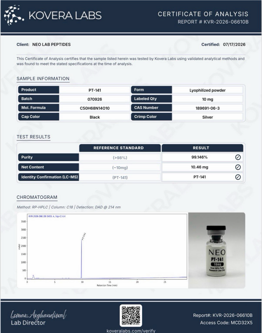 Certificate of Analysis - PT-141 - Batch 070926 - Kovera Labs