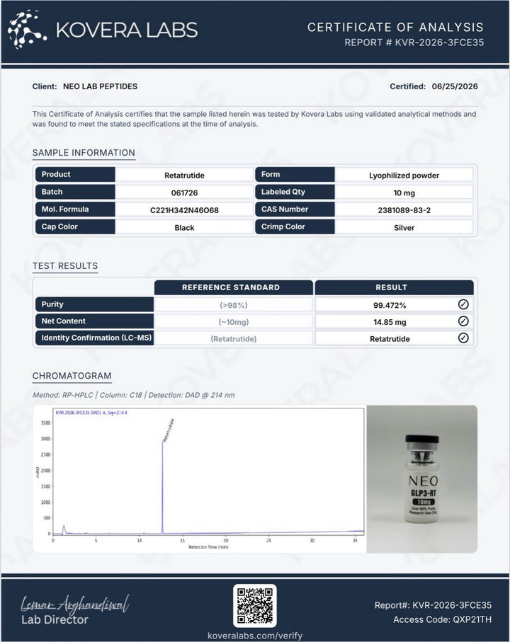 Certificate of Analysis - GLP3-RT 10mg - Batch 061726 - Kovera Labs