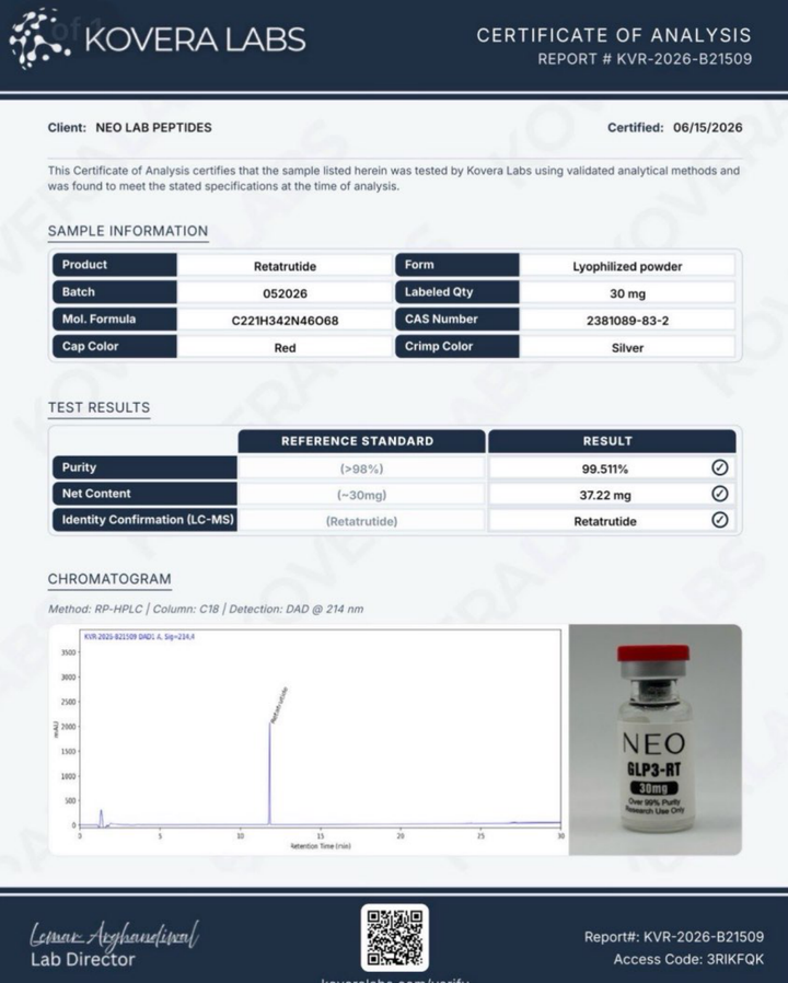 Certificate of Analysis - GLP3-RT 30mg - Batch 052026 - Kovera Labs