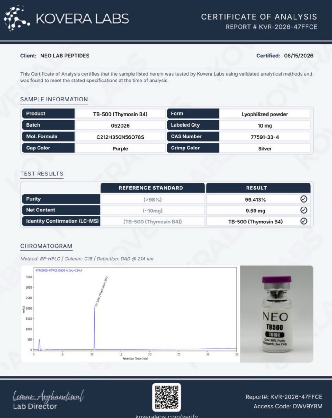 Certificate of Analysis - TB-500 - Batch 052026 - Kovera Labs