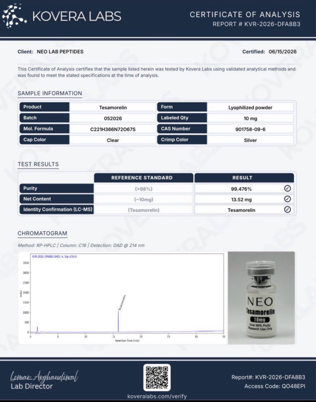 Certificate of Analysis - Tesamorelin - Batch 052026 - Kovera Labs