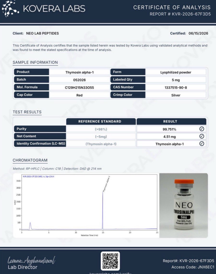 Certificate of Analysis - Thymosin alpha-1 - Batch 052026 - Kovera Labs